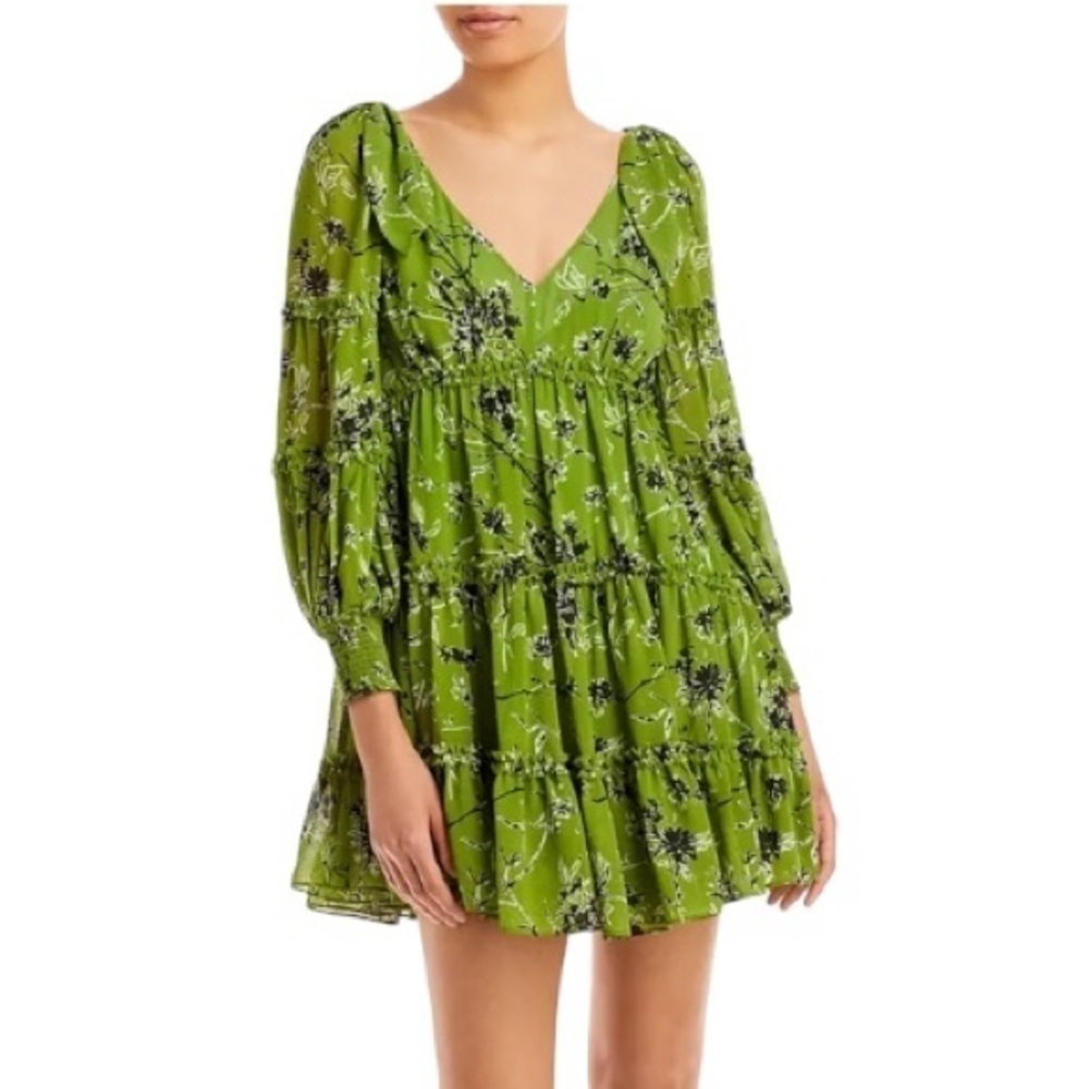 Cinq A Sept Green Vicky Floral Print Long Sleeve Mini Dress US 2